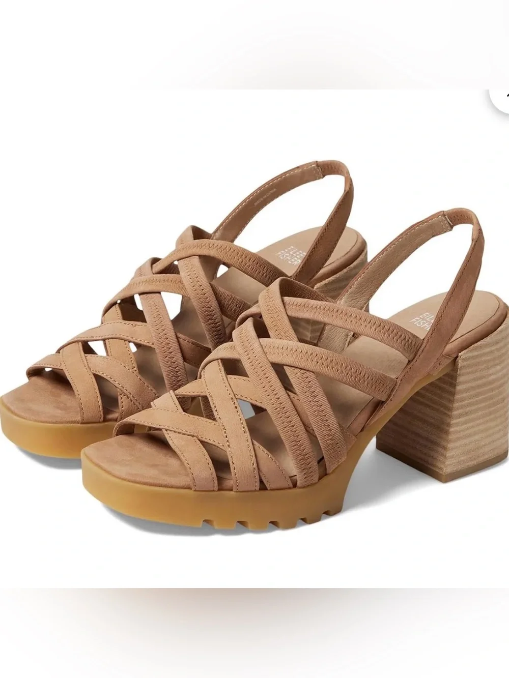 Eileen Fisher Tally Honey Tumbled Nubuck Leather Tan Strappy Block Heel Sandals